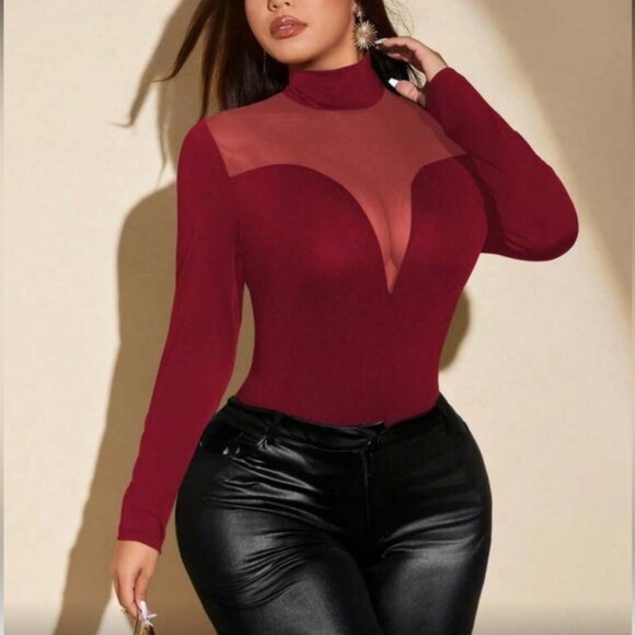Elegant Burgundy Sheer Long Sleeve Bodysuit - Picture 5 of 7